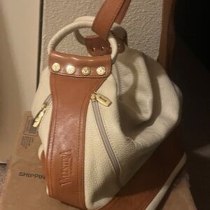 Valentina Cream and Tan Shoulder Bag with Gold Accents